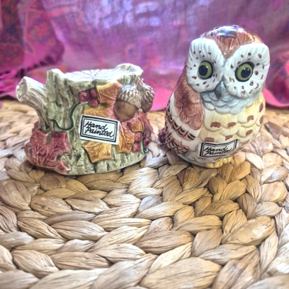 Fitz And Floyd Autumn Woods Owl Stump Ceramic Salt Pepper Shaker Set - Picture 5 of 7